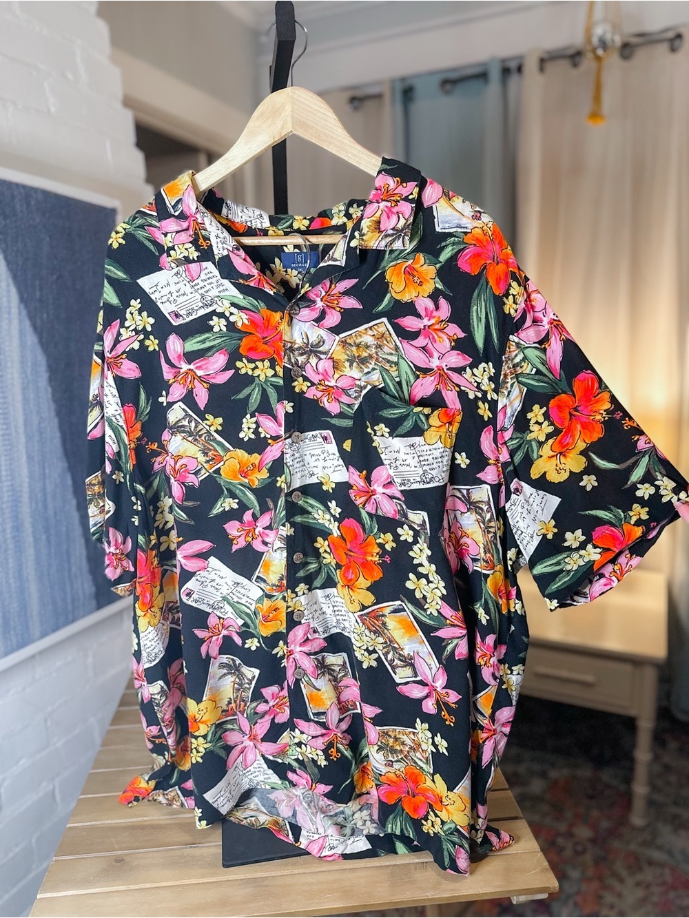 George Lightweight Postcard Hawaiian Print Button Up Short Sleeve Collared Shirt